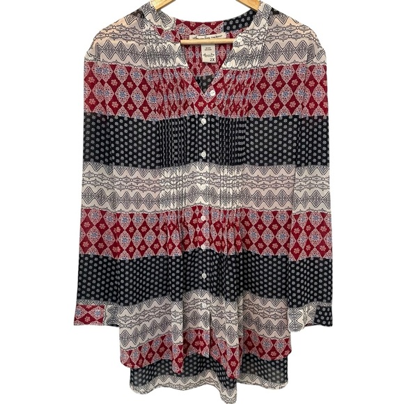 Women's 2X Pleated Tie Back PLUS Soft Red Navy White Work Casual Relaxed Blouse - Picture 1 of 5